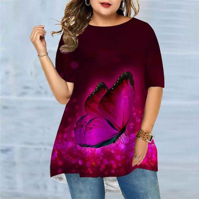 Женская летняя футболка с флуоресцентным принтом бабочки больших размеров, удобная футболка с короткими рукавами и круглым вырезом, повседневная мешковатая футболка средней длины