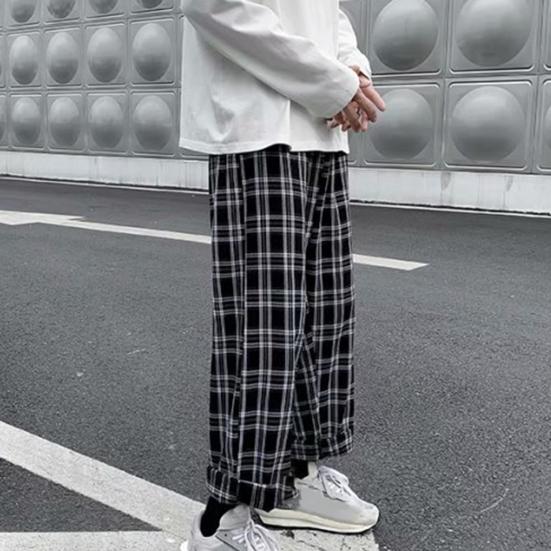 Мужские брюки в клетку Streetwear Широкие с эластичной талией Свободные Спортивные брюки для осени
