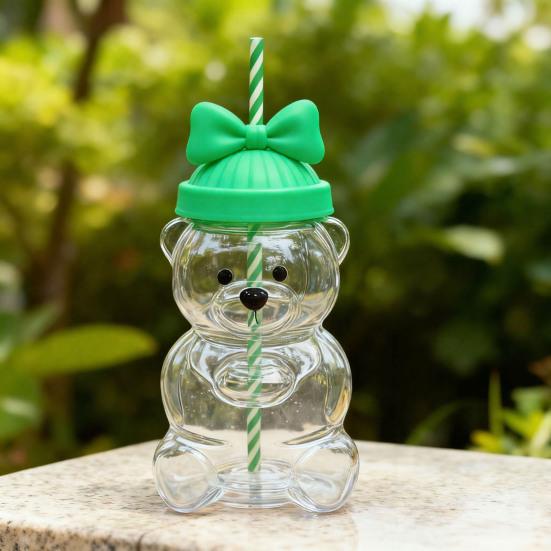 Teddy Bear Glass Sippy Cup with Straw BPA-Free 580ml Large Capacity Glass Tumbler for Cold Drinks Homemade Beverage Container