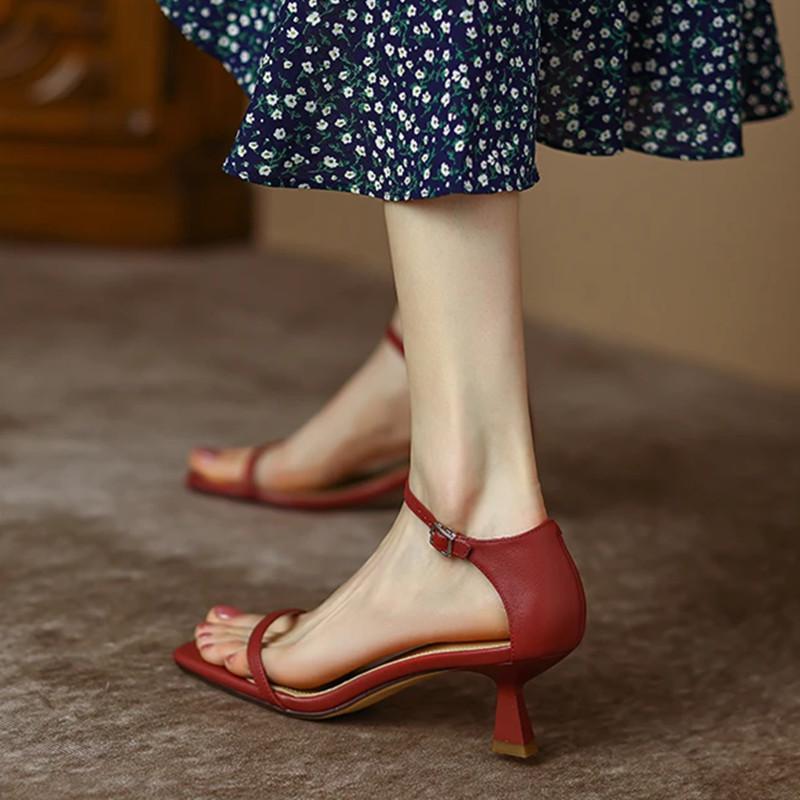 Retro Thin High Heeled Sandals Women Summer Sexy Square Head Open Toe Cover Heel High Heels Dress Party Casual Ankle Strap Pumps