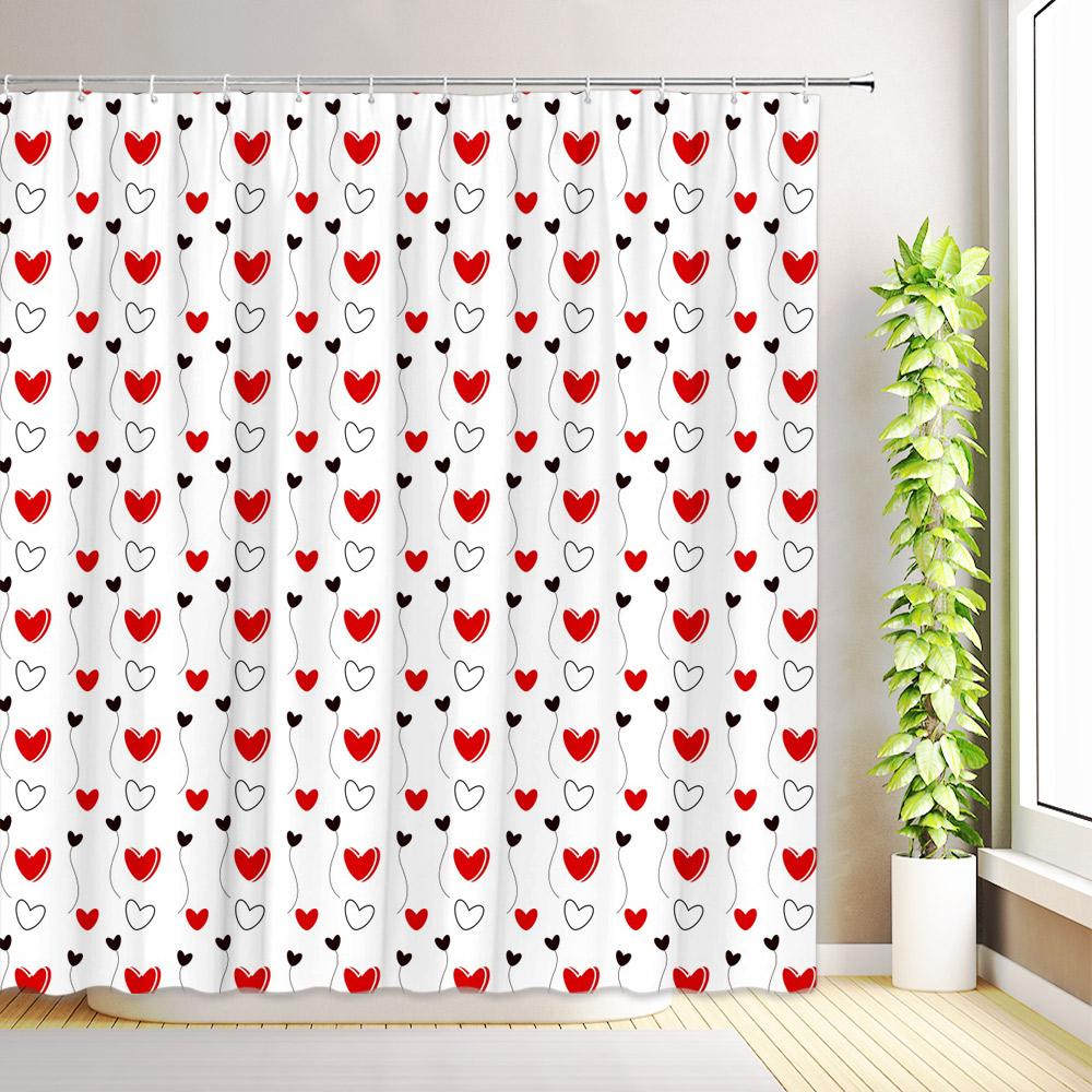 Valentine's Day Shower Curtain Romantic Pink Red Love Heart Rose Flower Mushroom Bathroom Decor Fabric Bath Curtain with Hooks