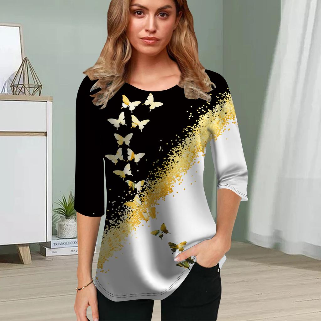 Женская блузка с 3D-принтом в виде бабочек, двухцветная, с цветочным принтом и короткими рукавами, летние повседневные топы, футболка с круглым вырезом и короткими рукавами