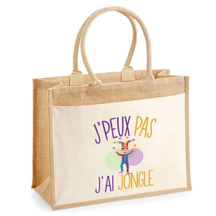 Sac de plage - PLANETEE - Jute avec poche 'Jongle J'peux pas' - Coton - Multicolore - 43x33 cm