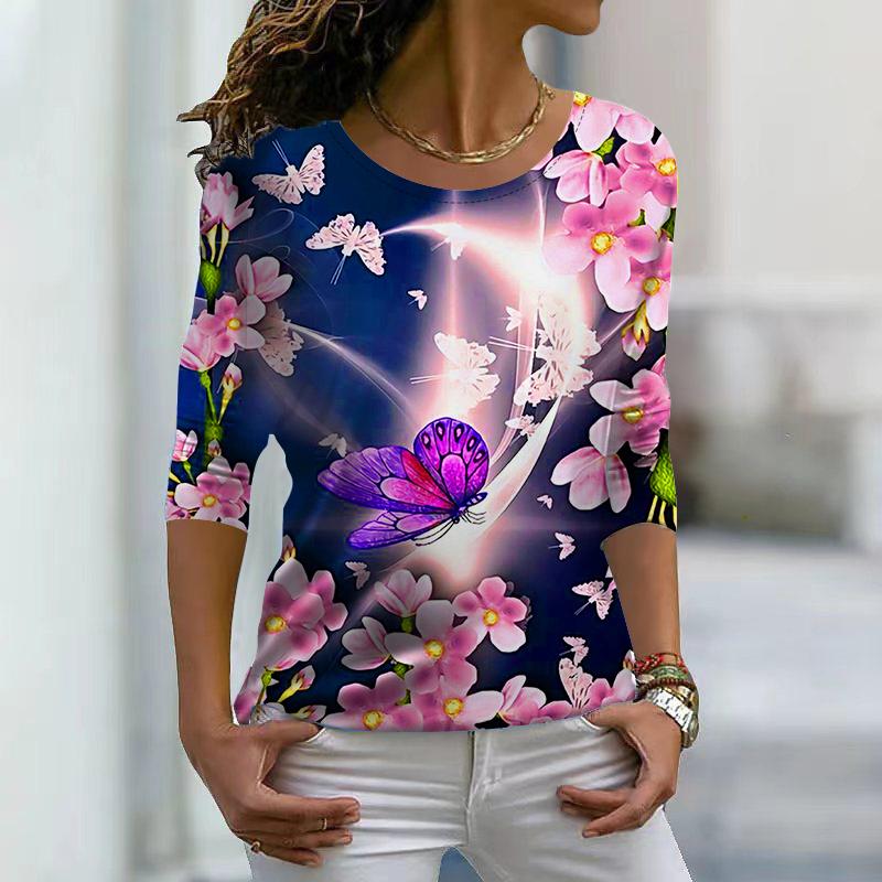 Женские осенние топы, свободные бабочки, персиковый цвет, принт, повседневная футболка с длинным рукавом, топ, блузка