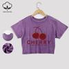 Cherry Illustration Cotton Crop Tees All-Math Summer Lace Hem Washed T-Shirts Regular Fit O-Neck Short Sleeve Casual Clothes