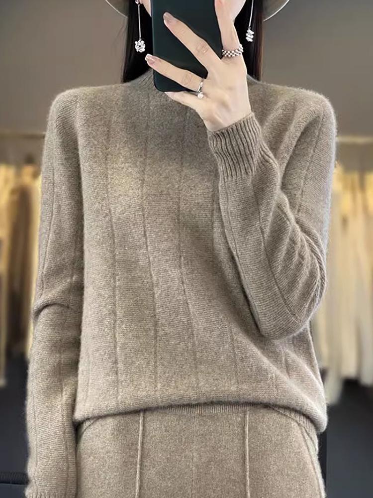 2023 Women's Pure Wool Round-Neck Sweater - Solid Color, Vertical Stripe, Commuter Style, Knitted for Warmth