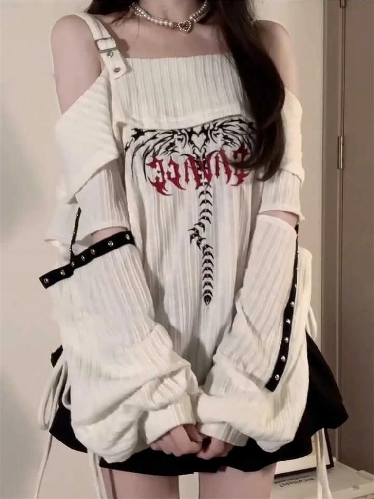 Women Print Pullover Knitted Sweater Harajuku Korean Y2k Long Sleeves Oversize Sweaters Jumper Vintage 2000s Clothes
