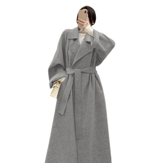 Women Winter Overcoat with Belt Turn-down Collar Pockets Pure Color Cardigan Mid Length Coat Thermal Long Sleeves Commuting Dating Winter Coat