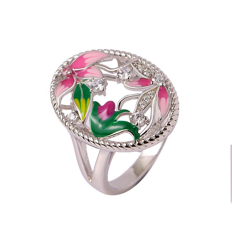 Flower Elegant Color Enamel Silver Jewelry Sets For Women Beautiful Wedding Pendant Necklace Ring Earrings