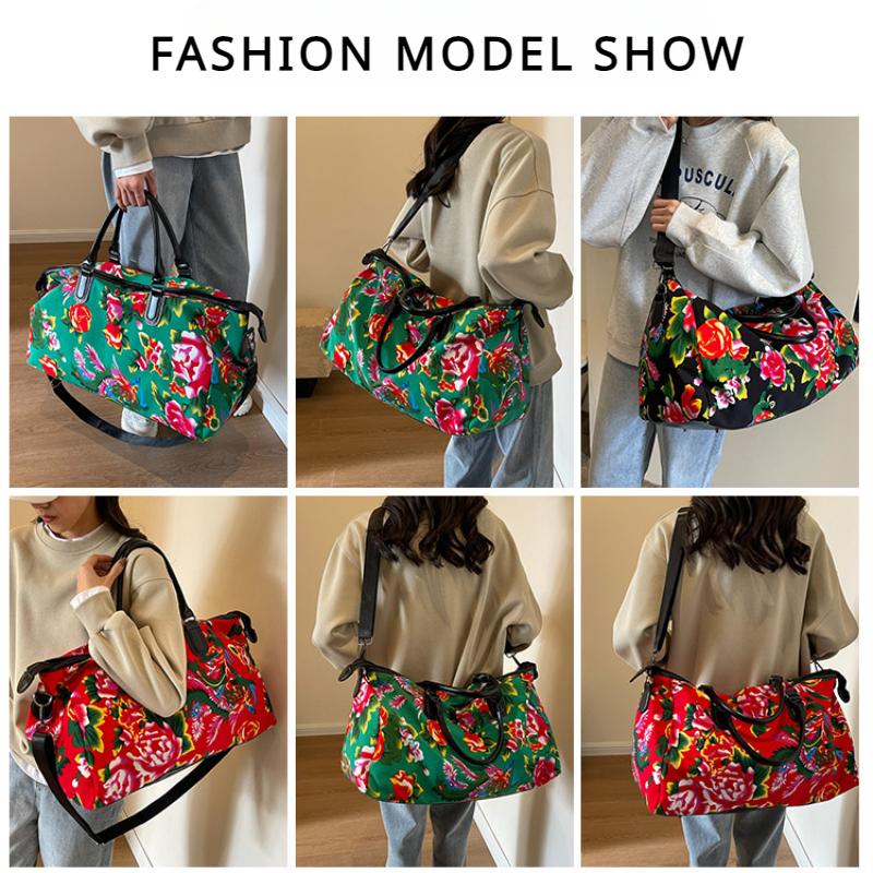 Chinese Ethnic High Capacity Travel Bag Versatile Contrasting Color Sports Fitness Handbag Personalized Northeast Big Flower Cotton Coat Crossbody Bag