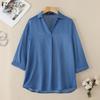 Women Casual Turn Down Collar 3/4 Sleeve Loose Blouse