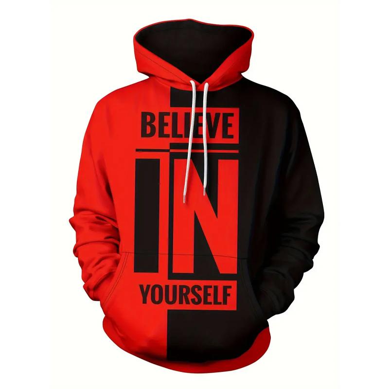 Believe & Stay Comfy Men's Hoodie with Geometric Print Kangaroo Pocket