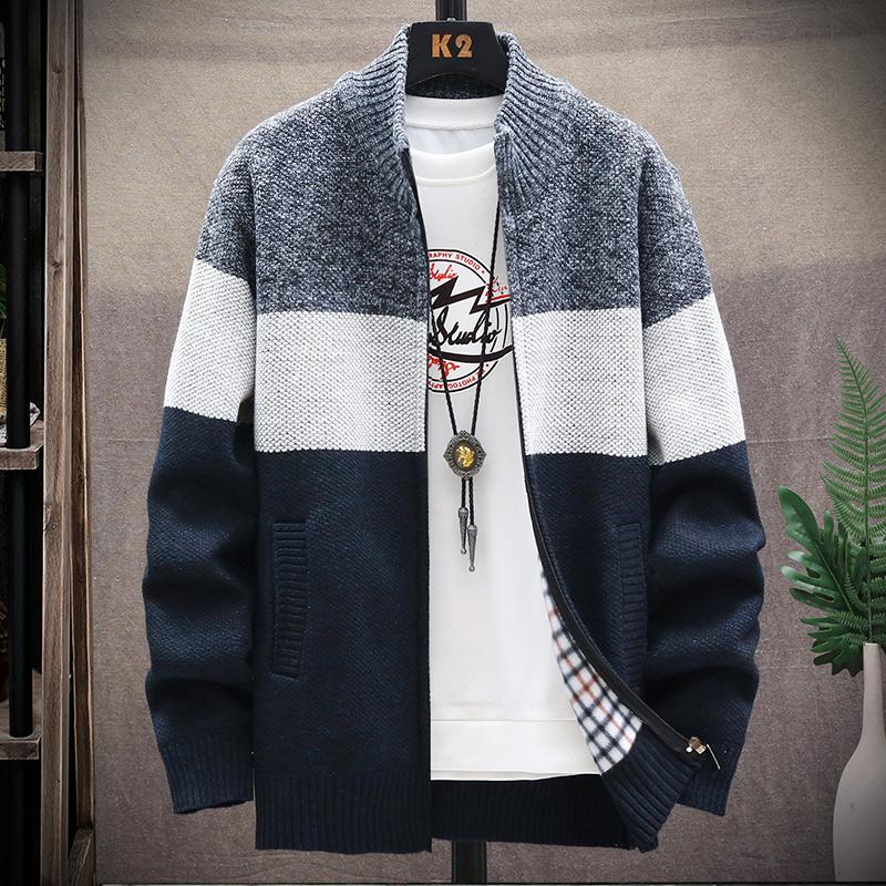 2024 Winter Men Sweater Add Velvet Cardigan Patchwork Color Stand Collar Male Casual Zipper Knitted Thick Warm Sweatercoat