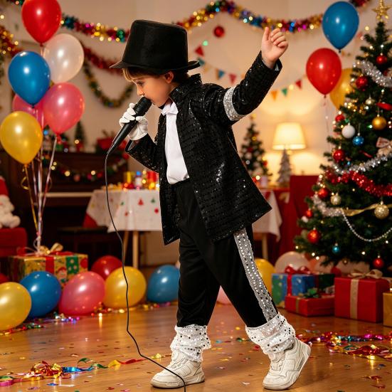 Yousheng Musician Halloween Costume Set for Kids, Black Sequin Jacket, Trousers, Hat, Gloves, 80s 90s Retro Stage Outfits for Disco Party, Fancy Dress