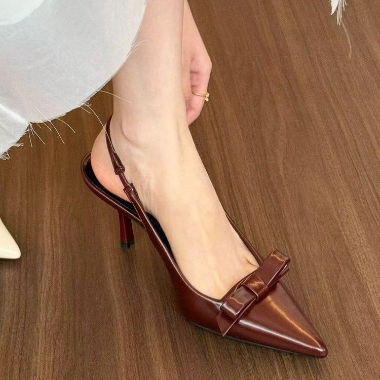 Корейская версия элегантные туфли-лодочки на высоком каблуке с бантом 2025 осень новые шпильки с ремешком на подъеме заостренный модные сандалии женские