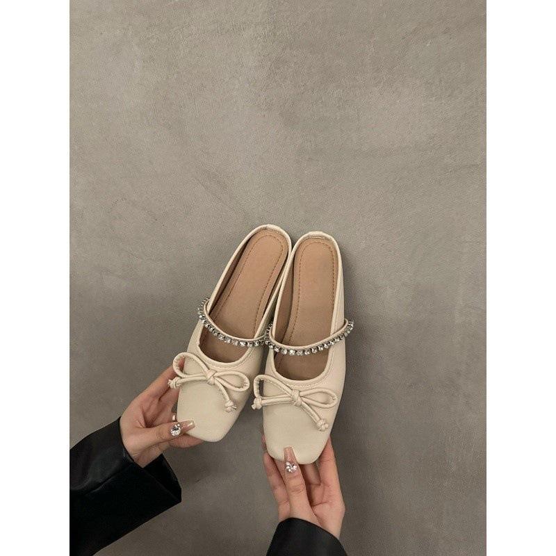 Плоские серебристые нежные полутапочки с сумочкой на голове, туфли-феи, новинка 2024 года, весенние и летние туфли с бантом