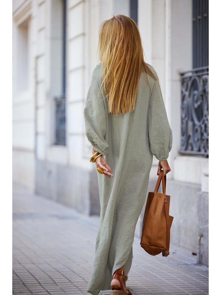 2025 Summer Women's V-neck Cotton Linen Dress: Casual European & American Vacation Style