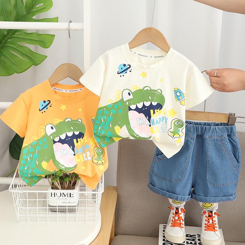 Летний комплект из 2 предметов для мальчиков - футболка с принтом динозавра + Повседневные джинсовые шорты - Красивая одежда для маленьких мальчиков Высокое качество - S-XXL