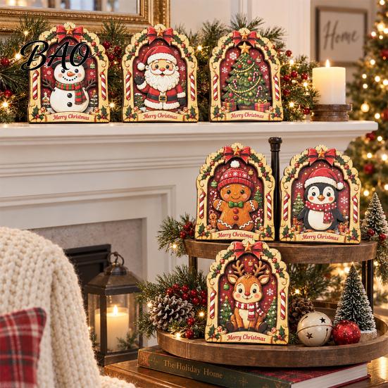 Solid Wood Holiday Decorations Christmas Wooden Vintage Sign, Rustic Table Ornament, 2D Santa Claus Home Party Supplies Snowman Penguin Desktop