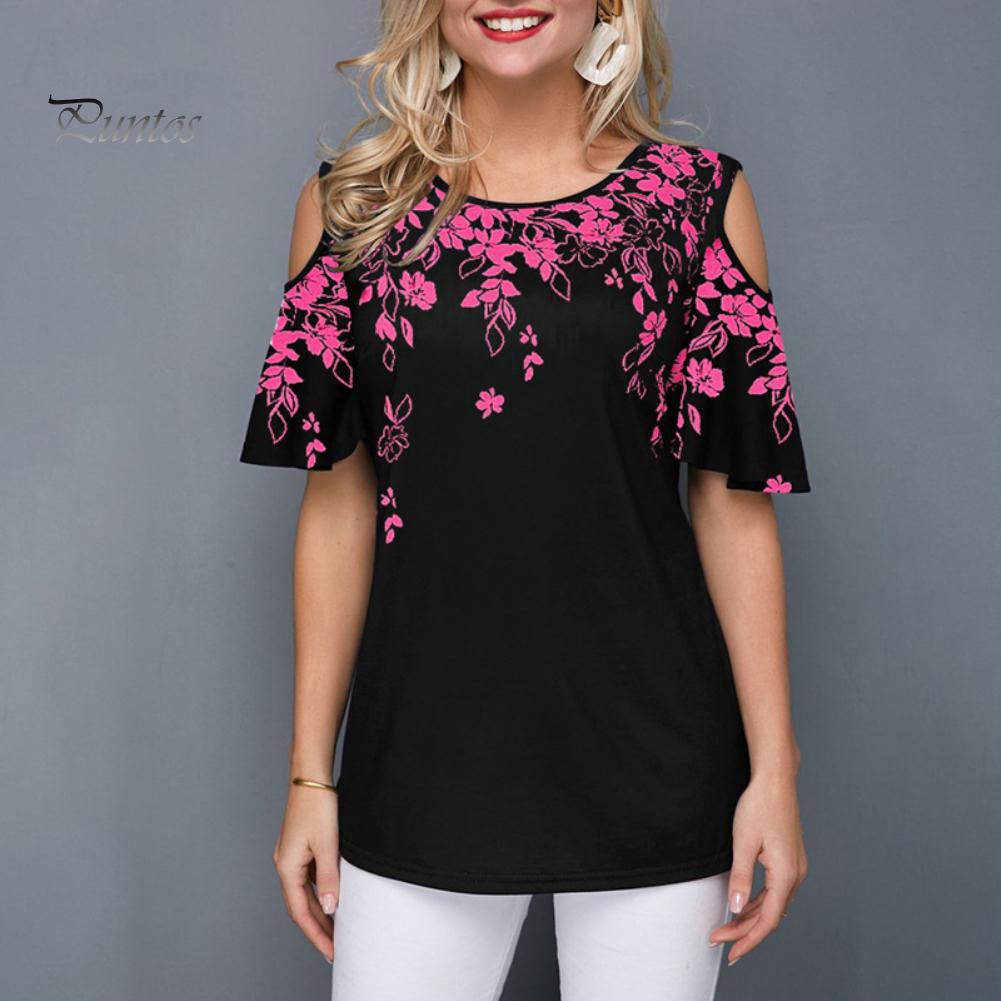 Женская сексуальная футболка с коротким рукавом с круглым вырезом и цветочным принтом, свободная футболка с открытыми плечами