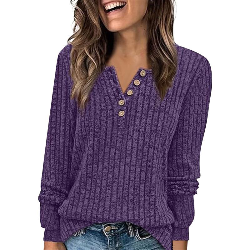 Women's Fashion Long Sleeve T-Shirt Solid Color Button Decoration Top