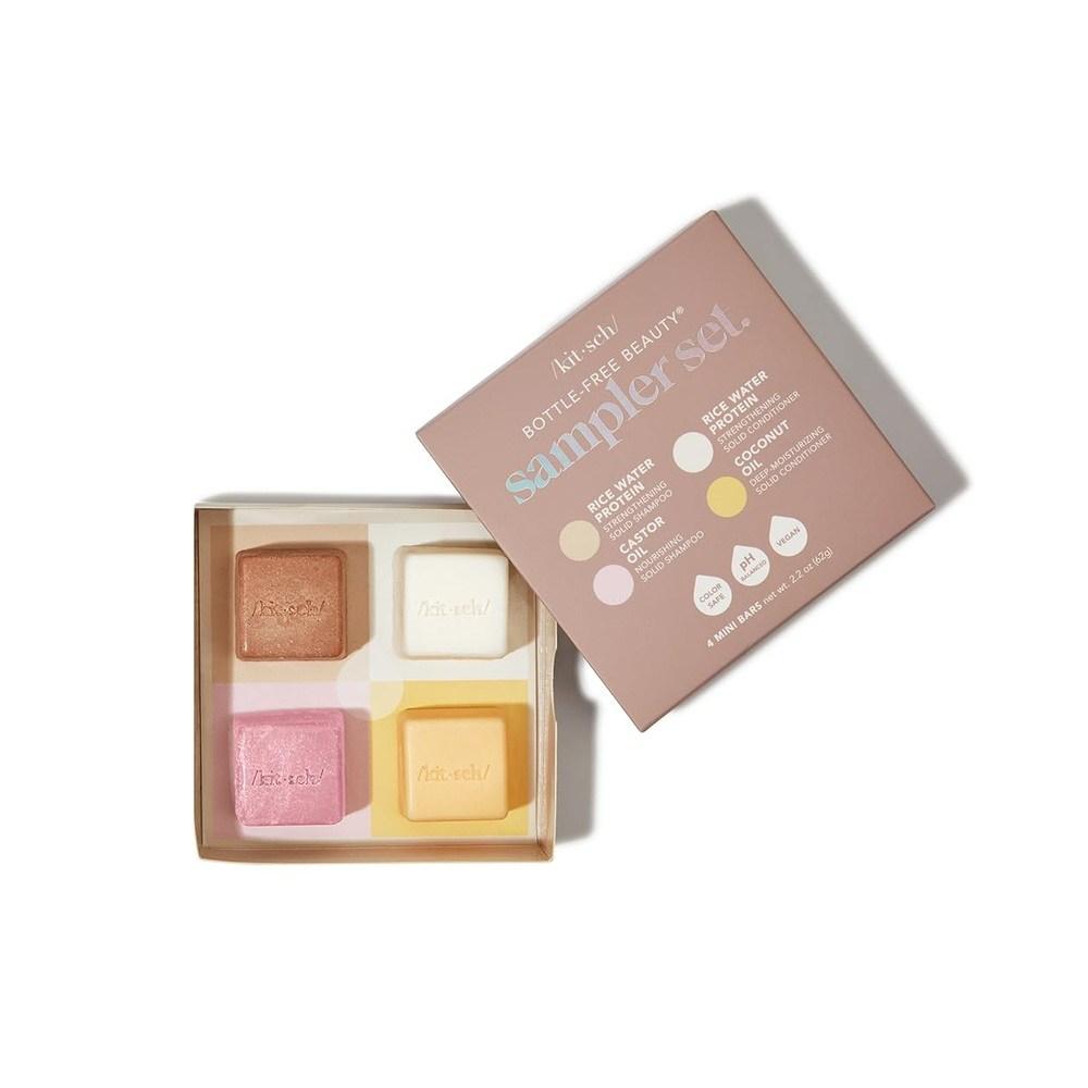 Kitsch 4-piece Sampler Set Rice Growth Castor Oil Coconut Oil Conditioner Shampoo Soap Zero Waste, 1 Box