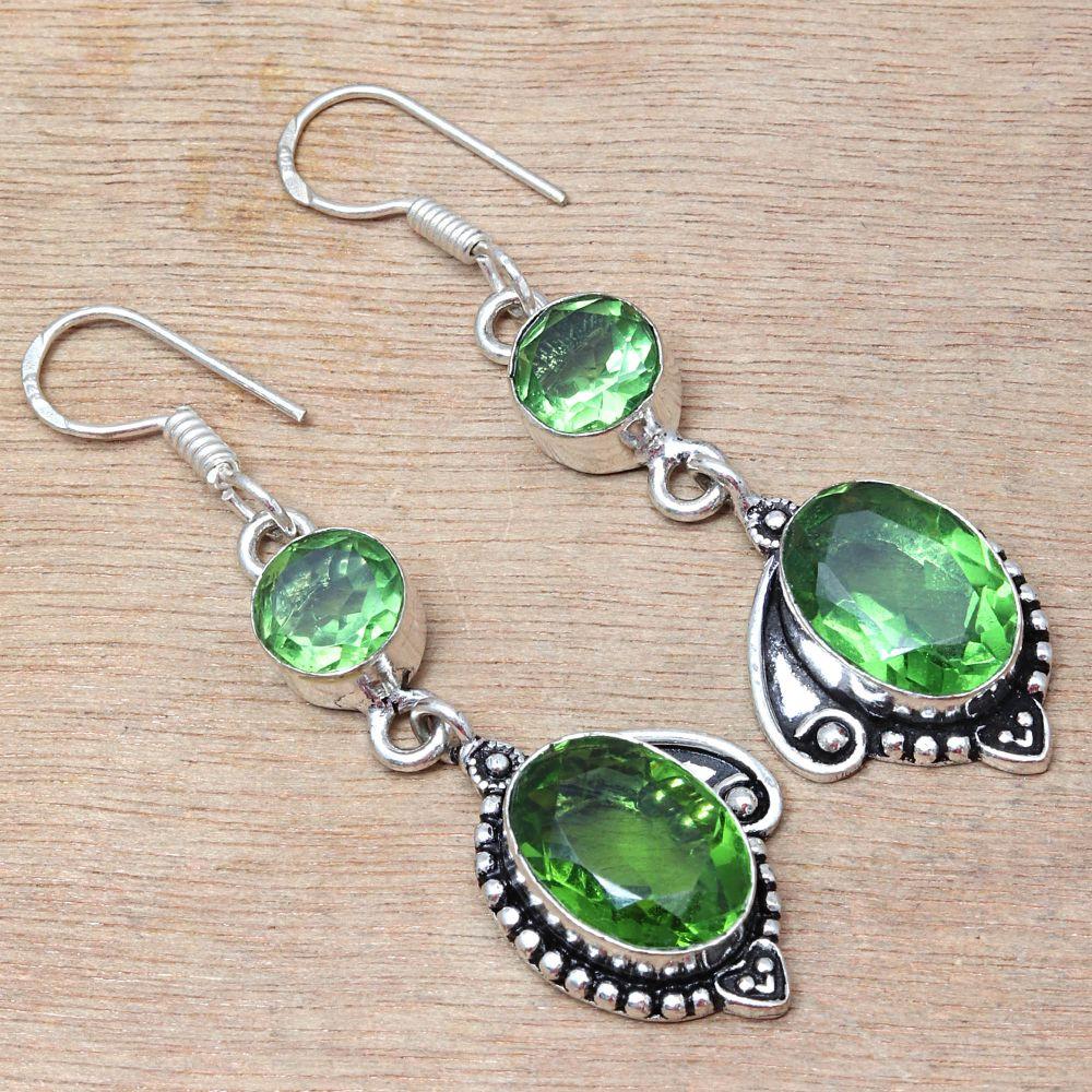Peridot Quartz Gemstone Handmade Silver Jewelry Earrings 1.5''