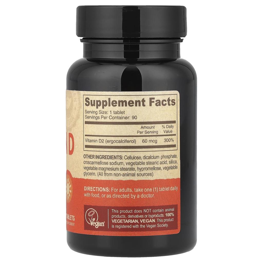 Веганский витамин D2, 60 мкг (2,400 МЕ), 90 таблеток