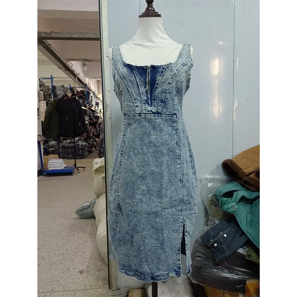Women's Sleeveless U Neck Strap Distressed Casual Slim Fit Knee Length Denim Dress
