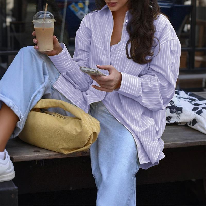 Повседневная Летняя Полосатая Футболка-Жилет с Длинным Рукавом для Отпуска Женская Осенне-Зимняя Модная Верхняя Одежда с Лацканами и Карманом