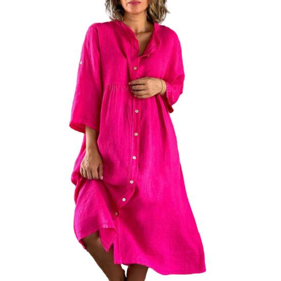 Women Summer Loose Shirt Dress Stand Collar 3/4 Sleeve Buttons Placket Solid Color Loose Fit Midi Dress Streetwear