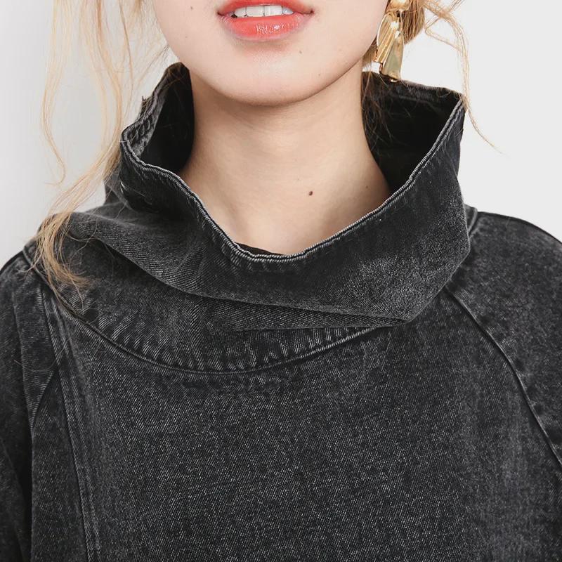Европейская весенняя мода: Темно-черная водолазка-пуловер, свитшот - большой размер, нестандартный дизайн из денима