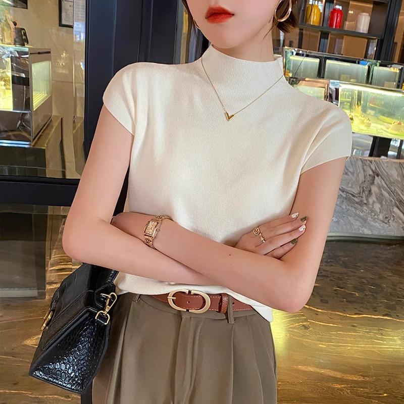 Летний базовый слой, Новая футболка с коротким рукавом, Женский трикотаж, Элегантный, Однотонный, Топ с открытыми плечами и средним воротником