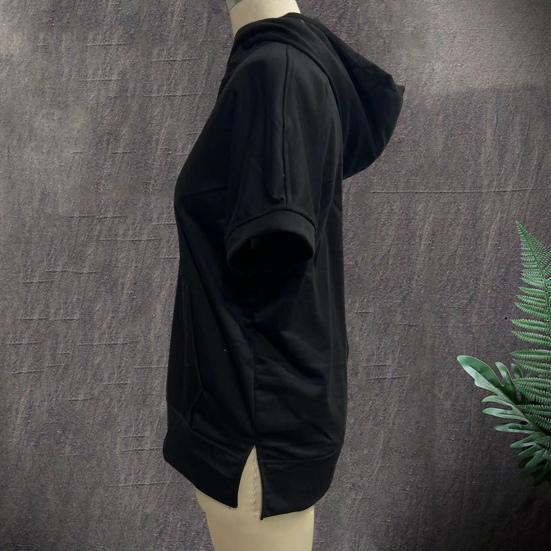 Summer Women Hoodie Half Zipper Short Sleeves Solid Color Pullover Loose with Pocket Casual