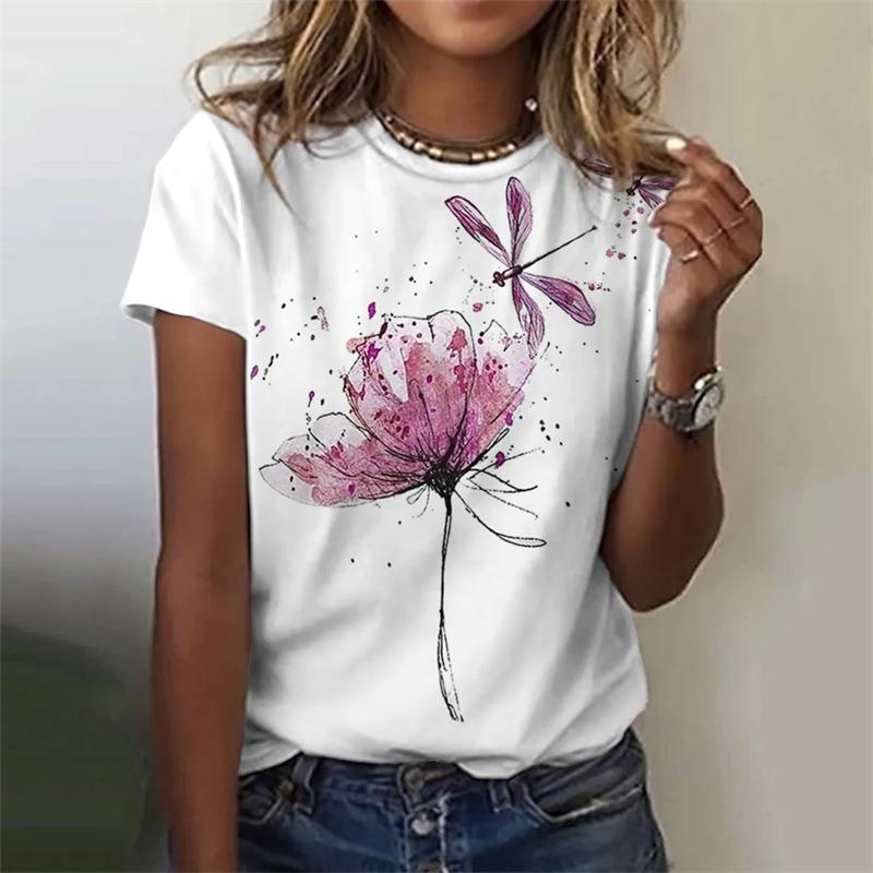 Летняя модная блузка, женская футболка с принтом стрекозы, топ с круглым вырезом и коротким рукавом, модная футболка, повседневная футболка, женская одежда
