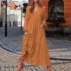 Women Bohemian Cotton Linen Dress Oversized V-neck Long Sleeve Swing Dress Pleated Ruffle Tiered Flowy Long Dress