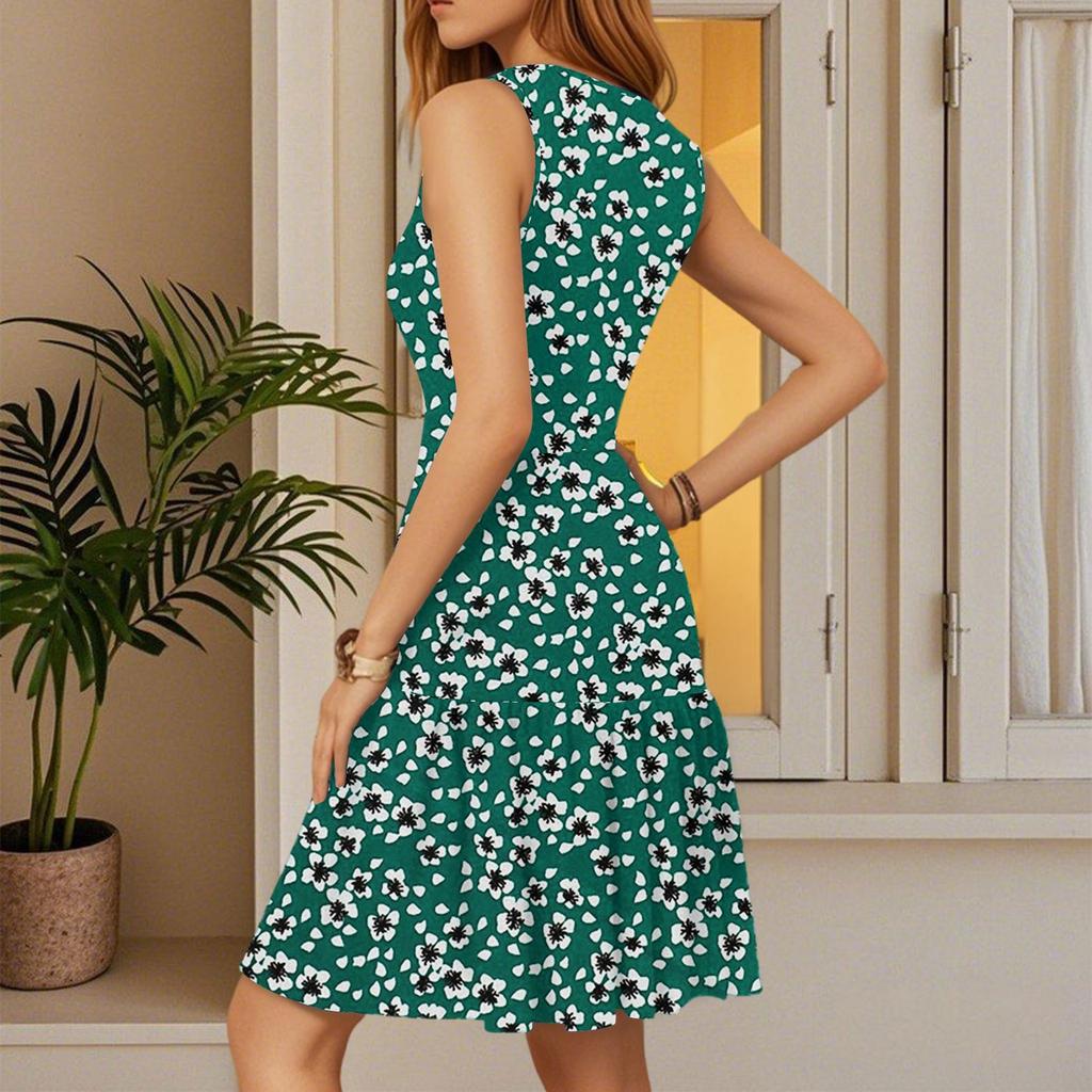 Women's Dress V-neck Sleeveless Casual Floral Print Hem Pleated Dress