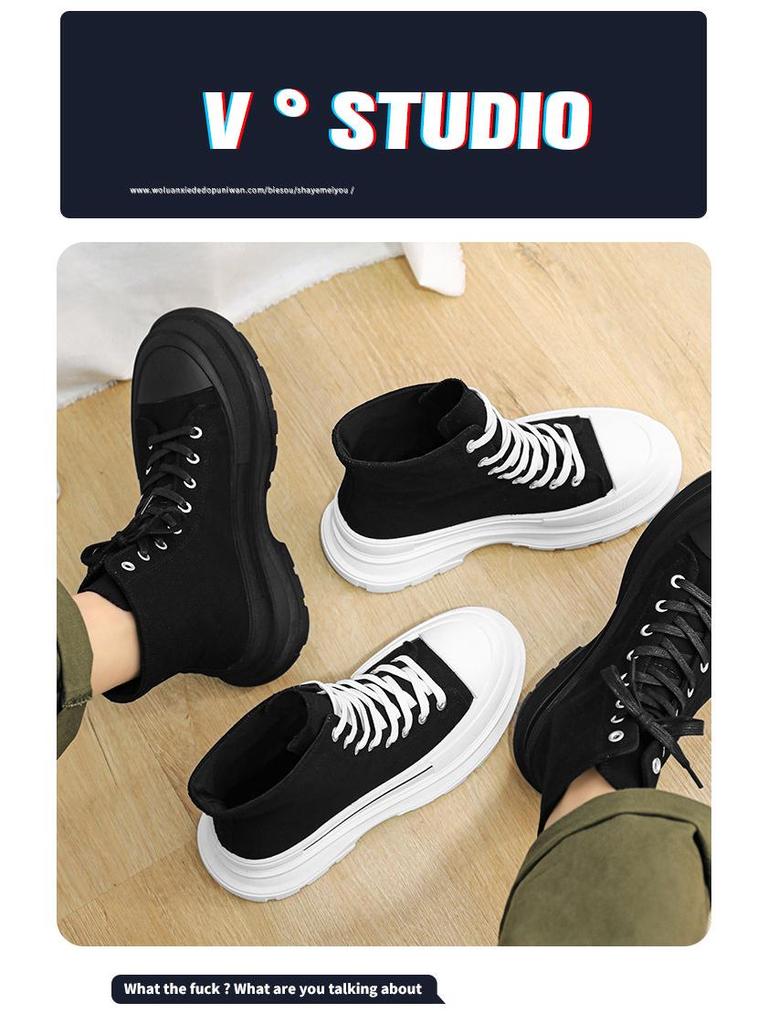 Men's Winter High-Top Canvas Shoes, Platform Height-Boosting, Hong Kong Style Casual Sneakers for Teens