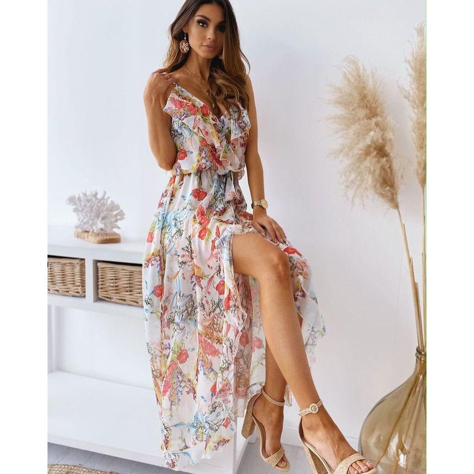 Женское летнее платье с цветочным принтом и бретельками без рукавов, повседневное, праздничное, с большим качелями