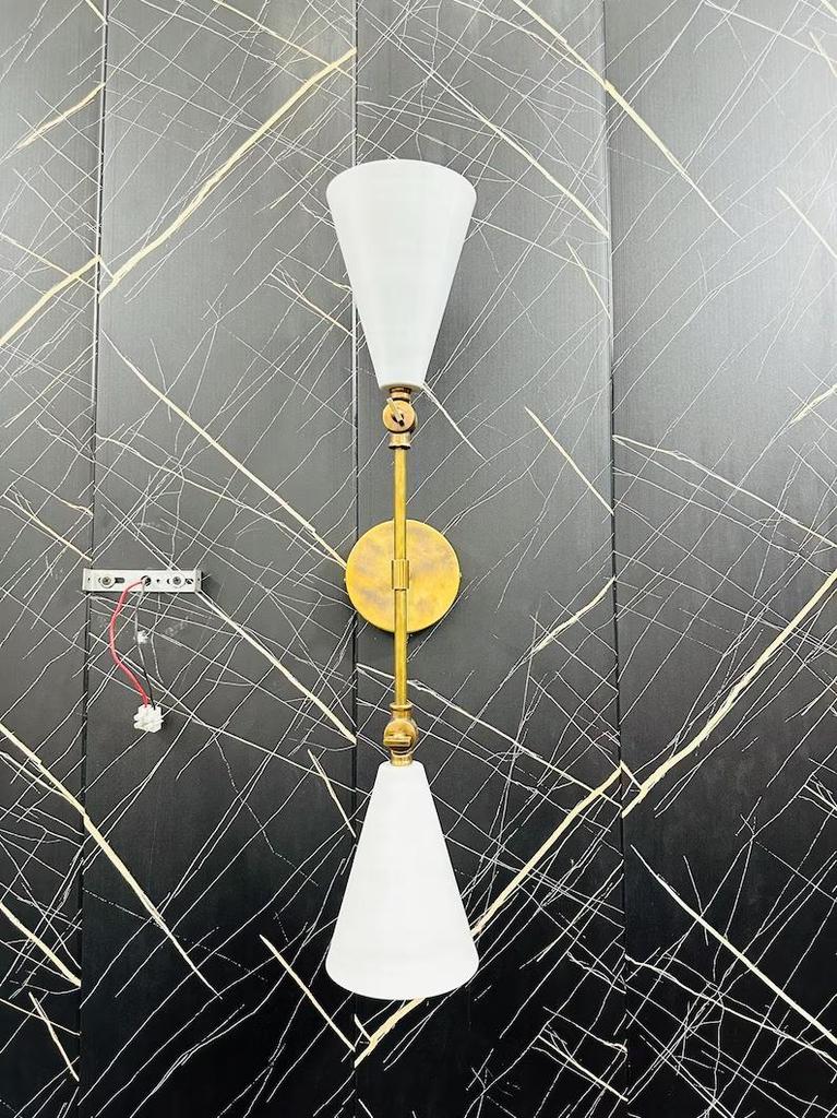 Mid-Century Modern Brass Wall Sconce: Double Cone Vanity Light