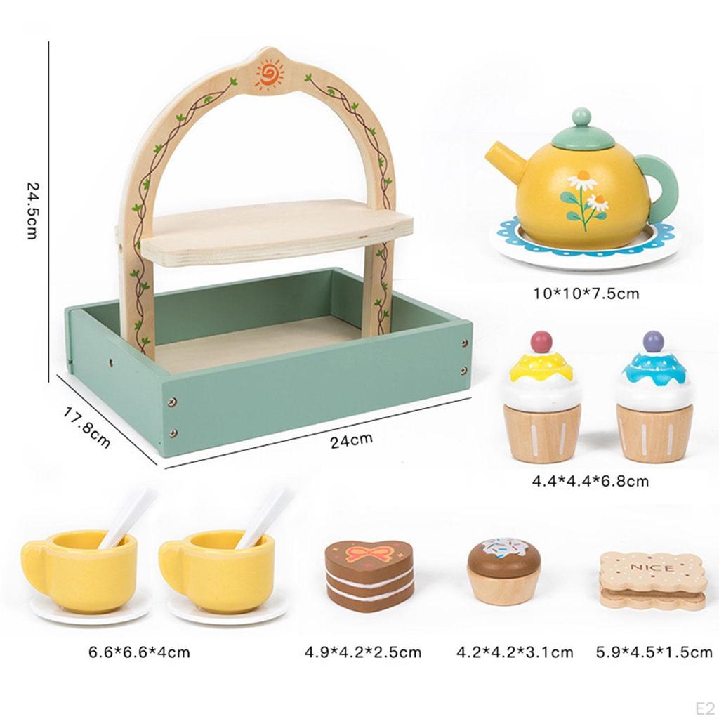 Wooden Tea Party Set for Little Girls Toys with Cupcake Stand Role Playing Play Kitchen