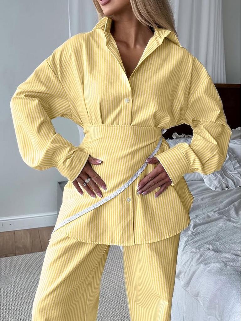 Свежий свободный кружевной полосатый трехпредметный комплект Осень 2025: Стильный повседневный дизайн