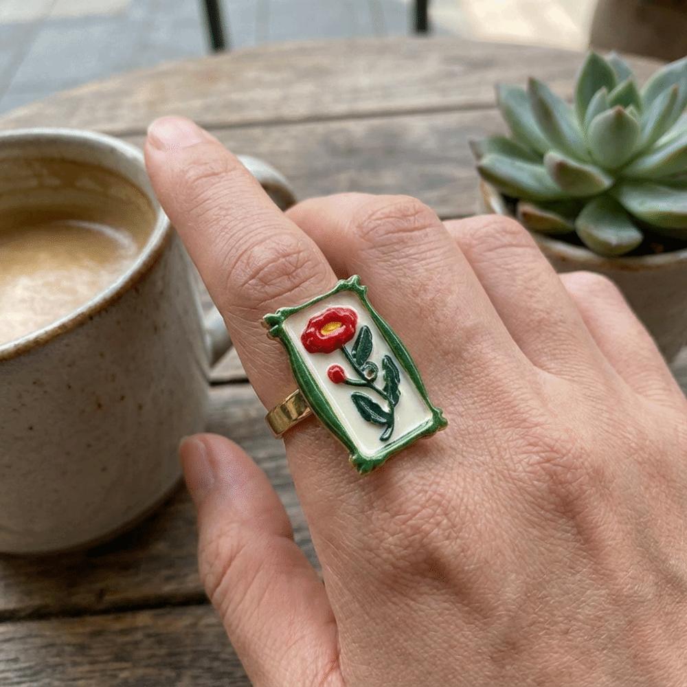 Pomegranate Printing Ethnic Style Ring Photo Frame Vintage Zinc Zinc Alloy Geometric Ring  Gift