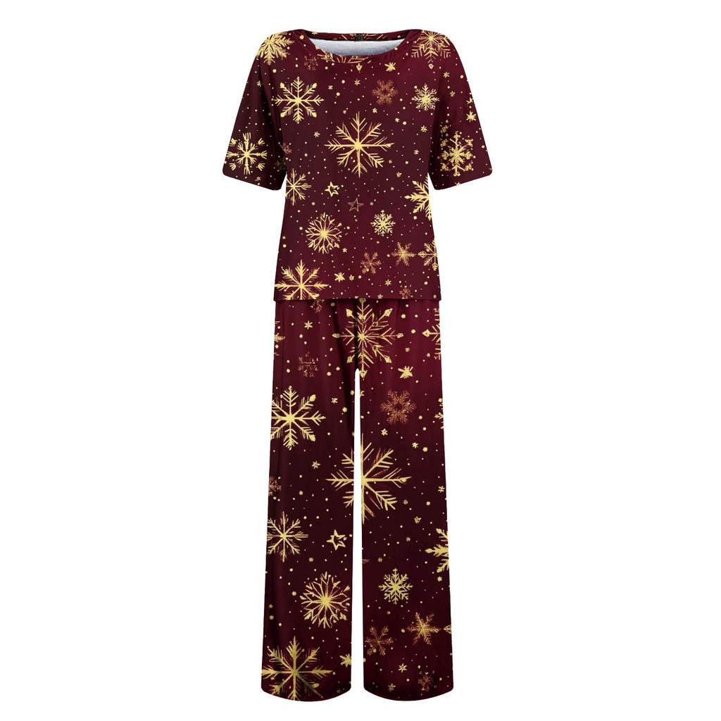 Женский шелковый атласный пижамный комплект с рождественским принтом, рубашка с коротким рукавом и длинные пижамные штаны, мягкая домашняя одежда