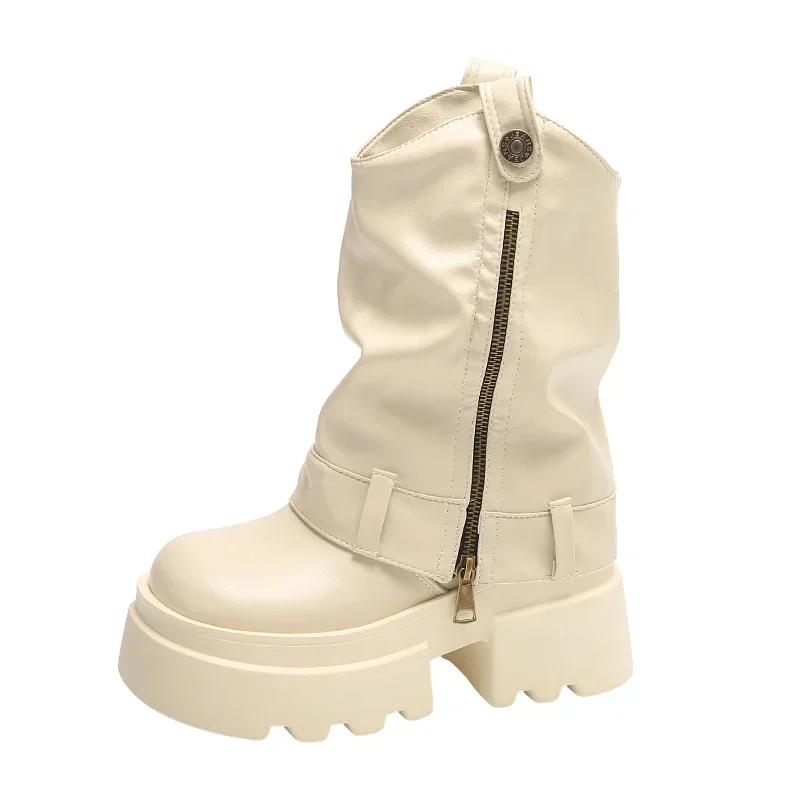 6CM Soft Leather Ankle Mid Calf Boots Winter Autumn High Platform Wedge Modern Booties Woman New Ladies Chunky Motorcycle Boots