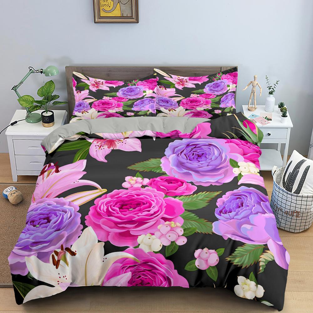 Красный пододеяльник с изображением розы, короля и королевы, ко Дню святого Валентина, свадебный комплект постельного белья с цветочным принтом для пары, 2/3 предмета, полиэстеровое одеяло с рисунком в виде сердца и цветов