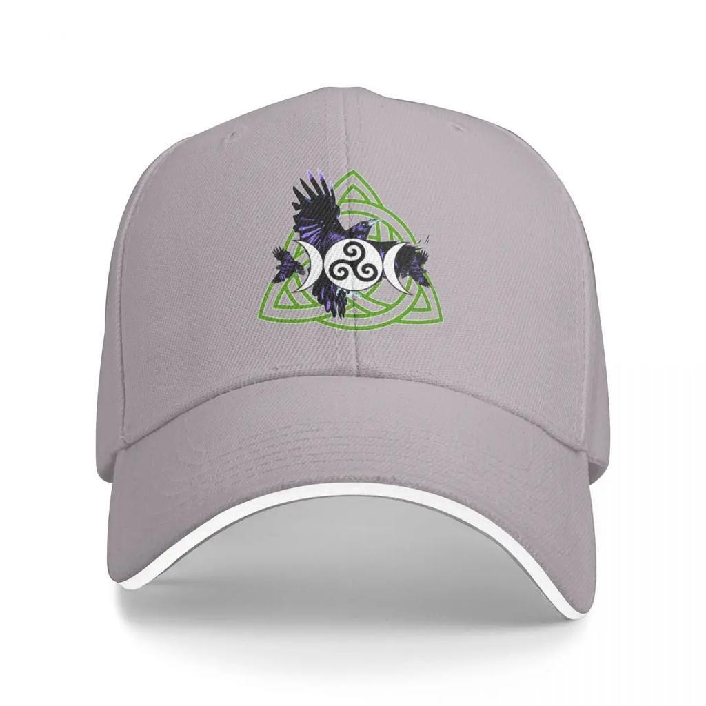 The Morrigan Triple Goddess Raven - Witches Triple Moon with Triquetra Celtic Knot and Triskelion (GREEN VARIANT) Baseball Cap