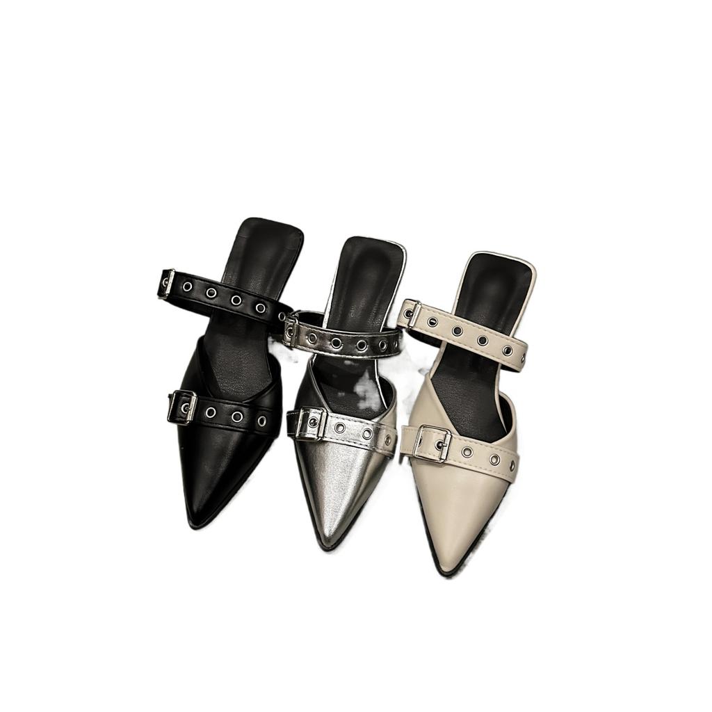 Мода Панк Готика Металлическая Пряжка Высокий Каблук Женские Сандалии Лето 2024 Острый Носок Серебристые Туфли для Вечеринки Мода Женские Туфли-Лодочки