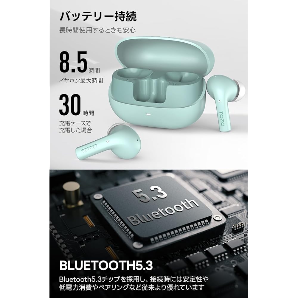 TOZO E2 True Wireless Earbuds, In-Ear Design, Bluetooth 5.3 Compatible, Independent Left and Right Earbuds, Stable Connection, Low Latency, Deep Bass,