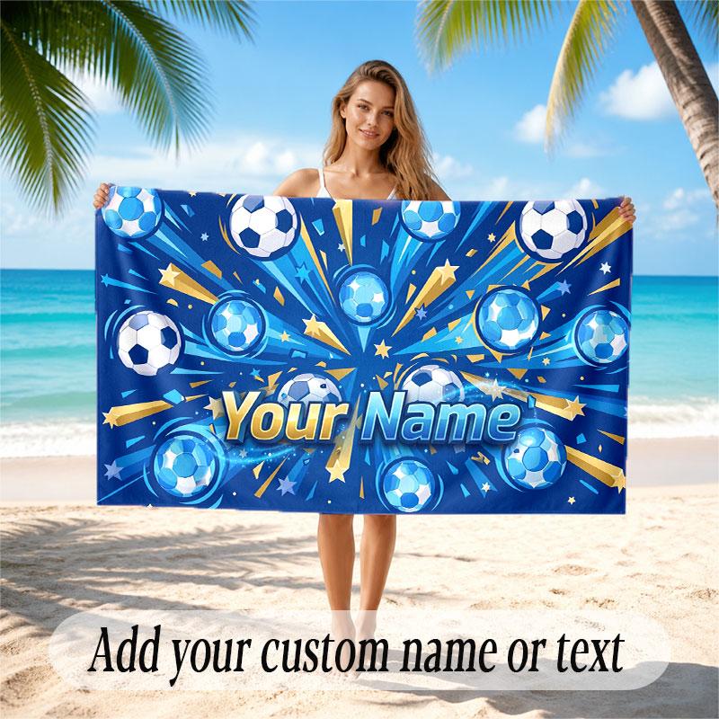 Soccer Theme Beach Towel Personalized Custom Name & Text Soft Quick Dry Beach Towel for Swimming Travel